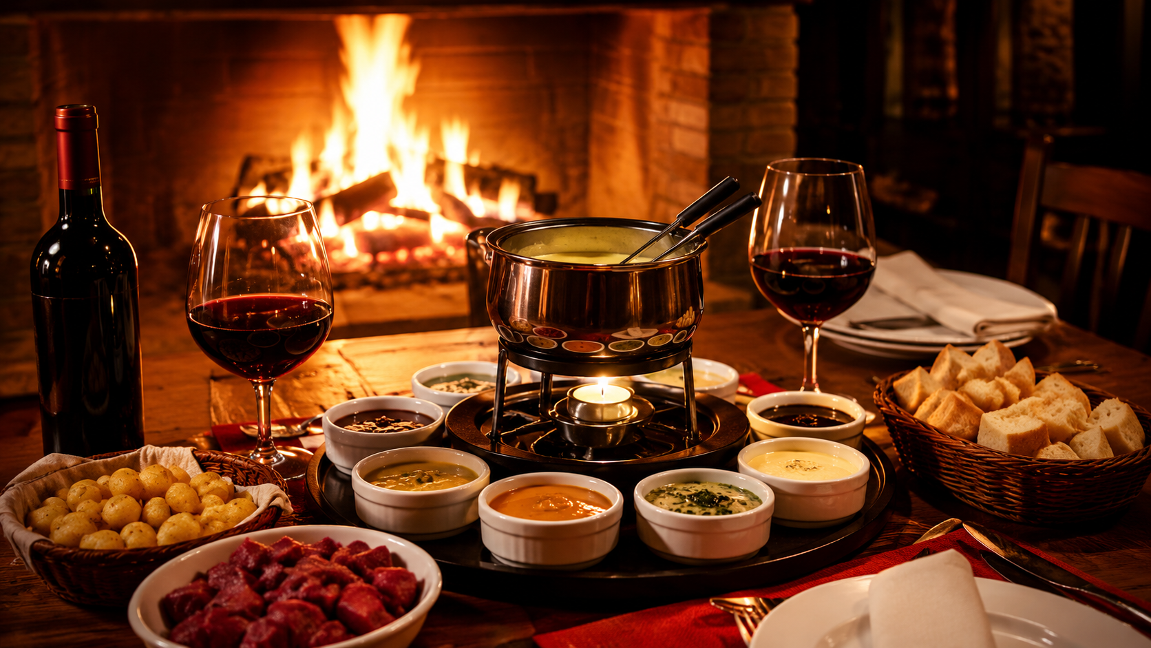 Fondue, vinho e lareira em clima frio de chalé na serra